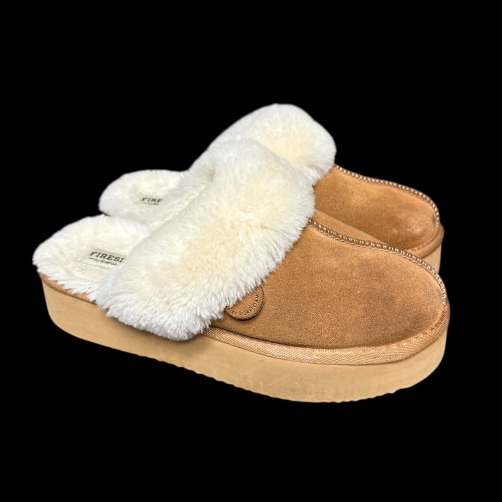 Fireside by Dearfoams Melton Genuine Shearling Platform Slippers Chestnut Sz 9